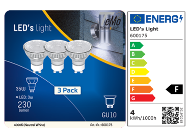 3 STÜCK (VPE) SHADA LED Spot GU10 360lm 4W, neutralweiss 4000K, MR16 klar, EEC: F (600175)